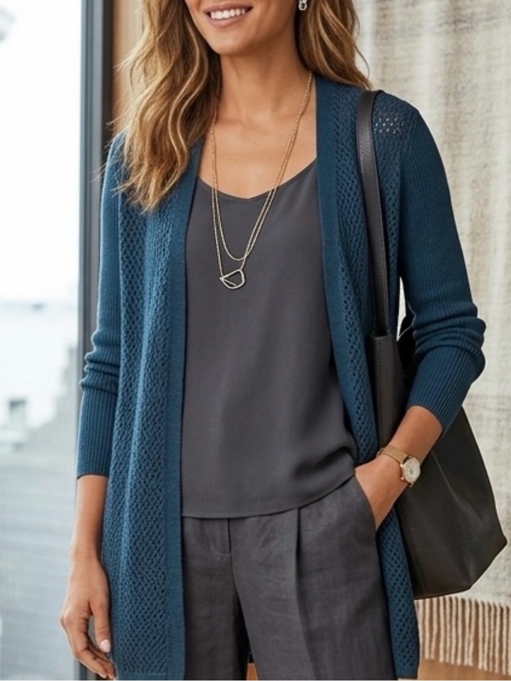 EILEEN FISHER 100% Italian Wool Cardigan Boho Dragonfly Blue Sweater Top L